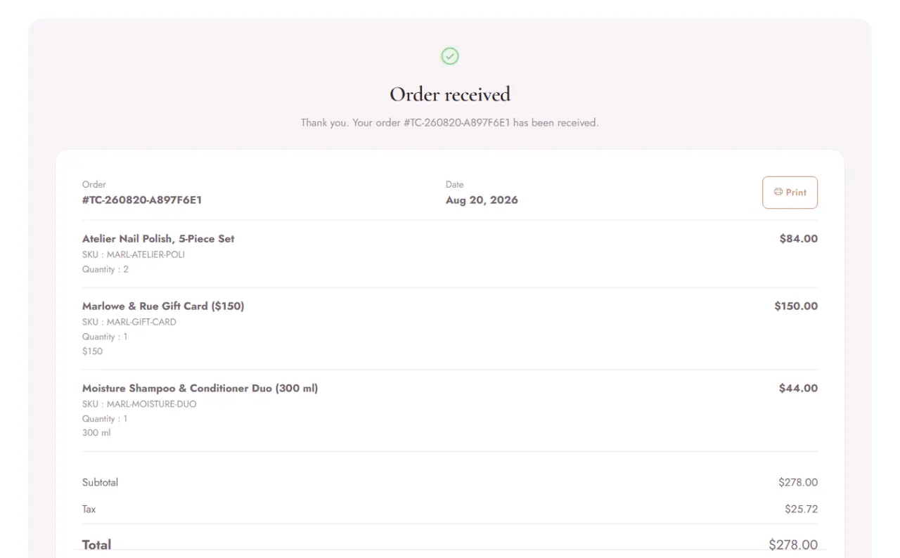The order confirmation page