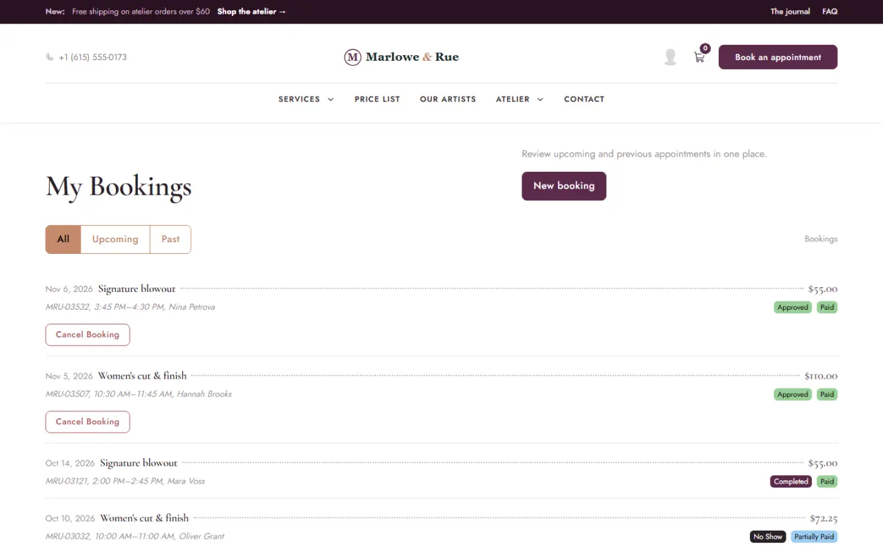 A customer's upcoming bookings