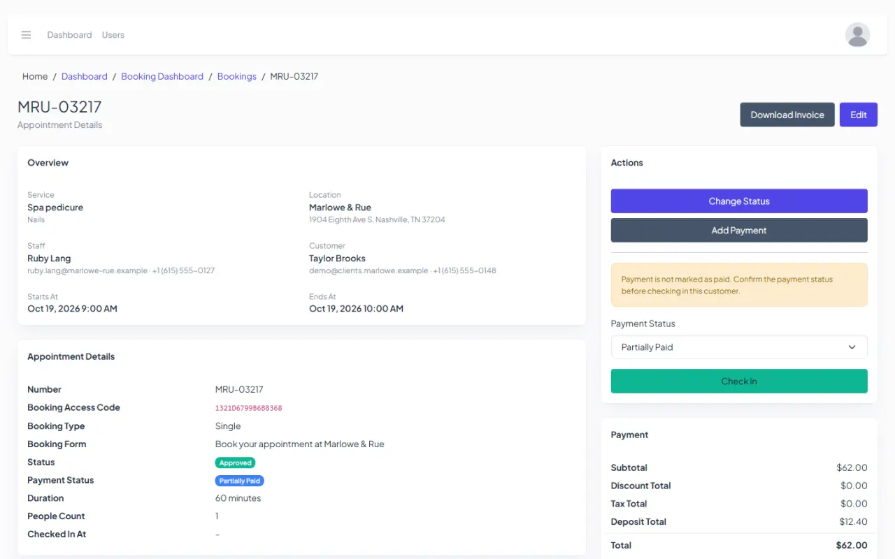 A booking's details in the admin