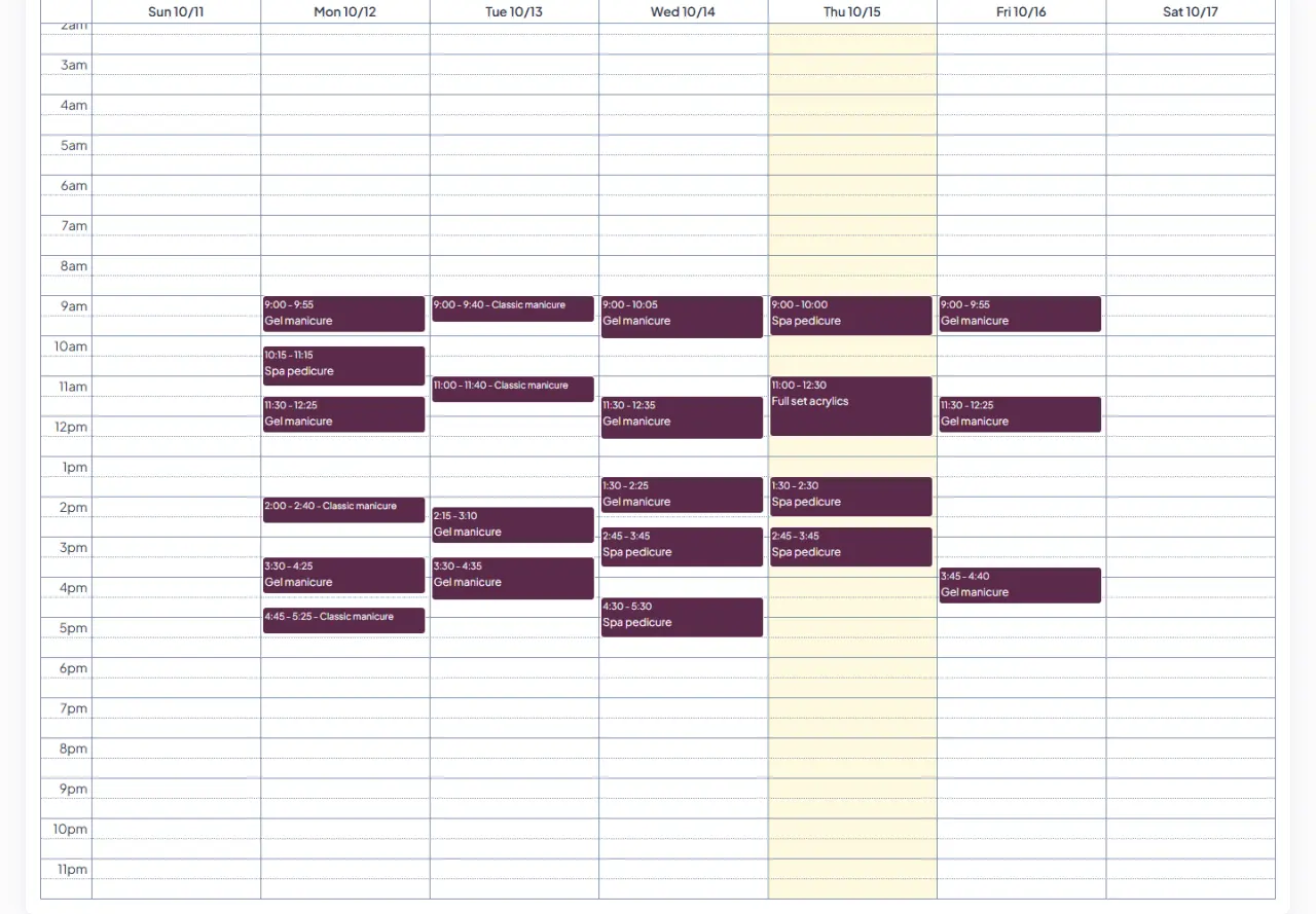 The booking calendar filtered to one specialist