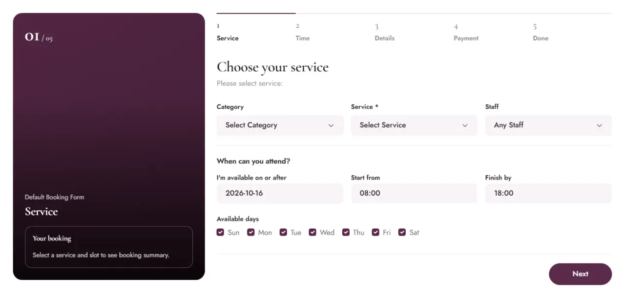 The booking form