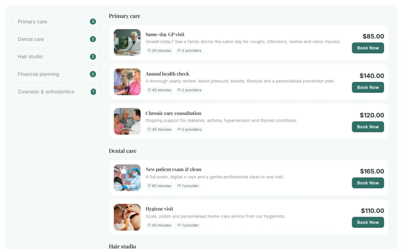 The services page, split design