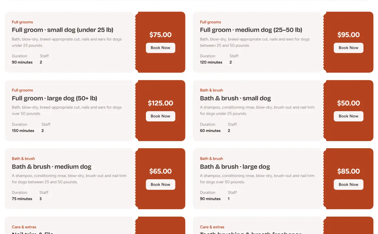 Services page, ticket design