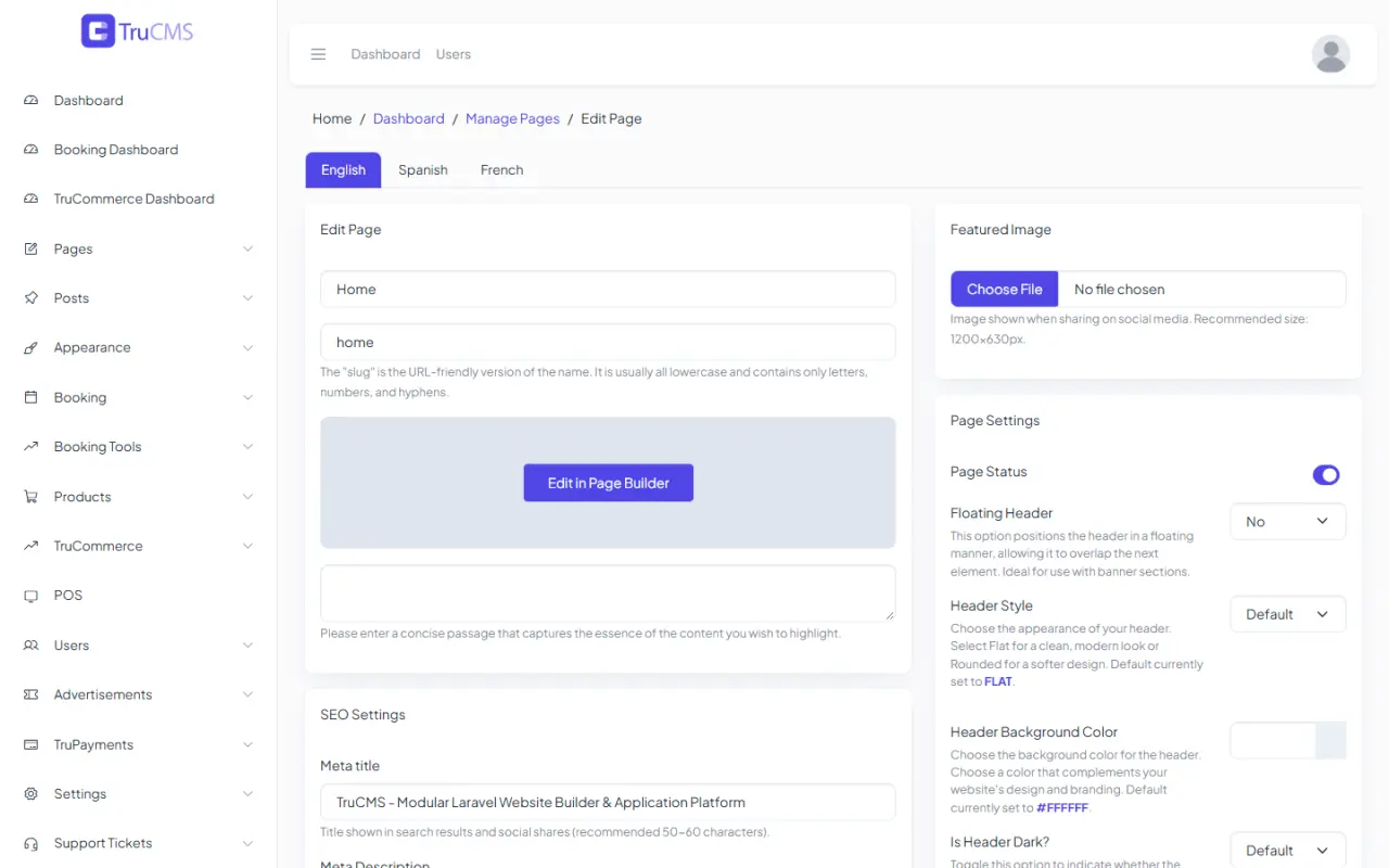 The TruCMS visual page builder editing a page