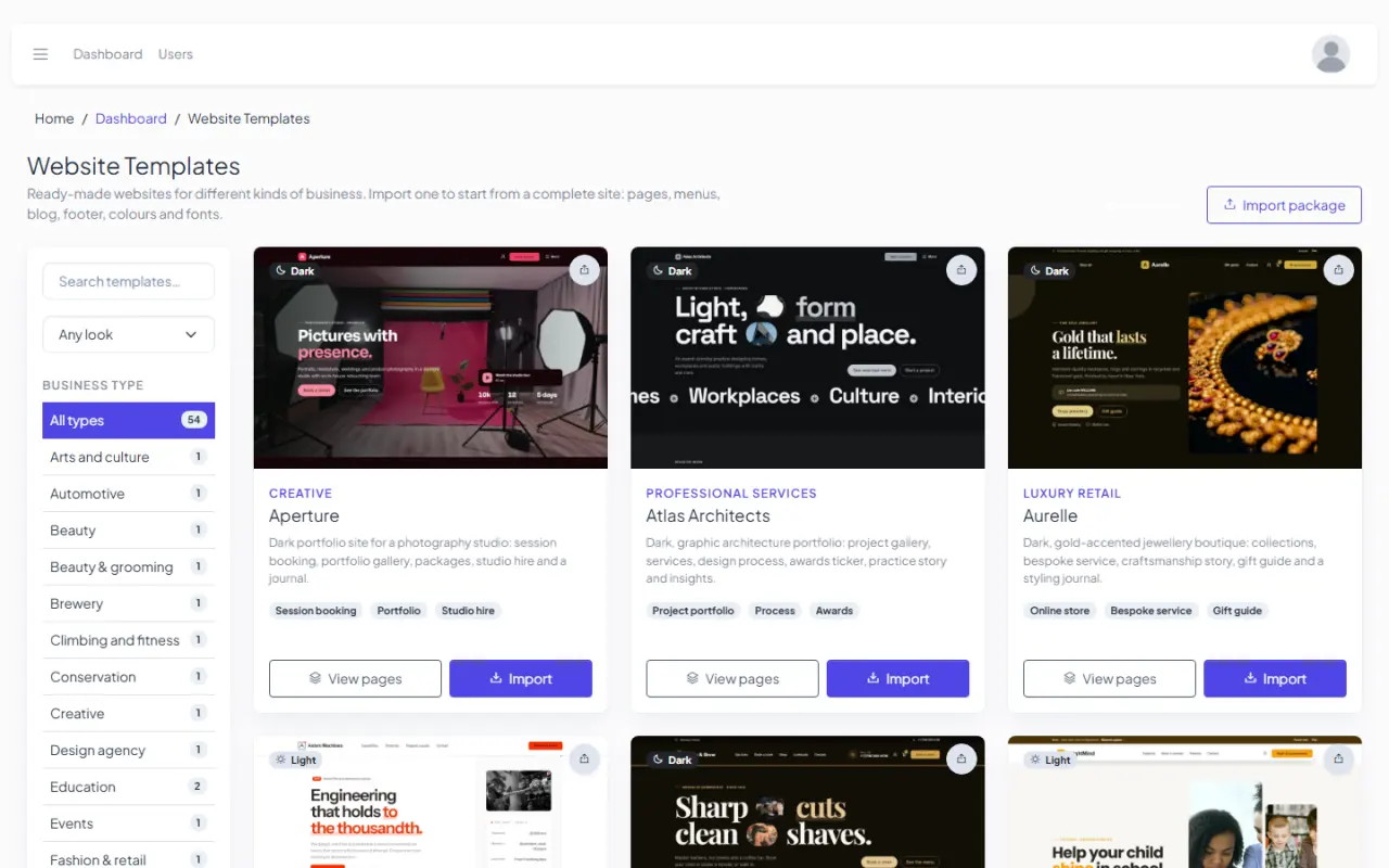 The website templates screen