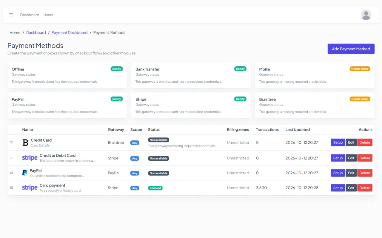 The payment methods screen