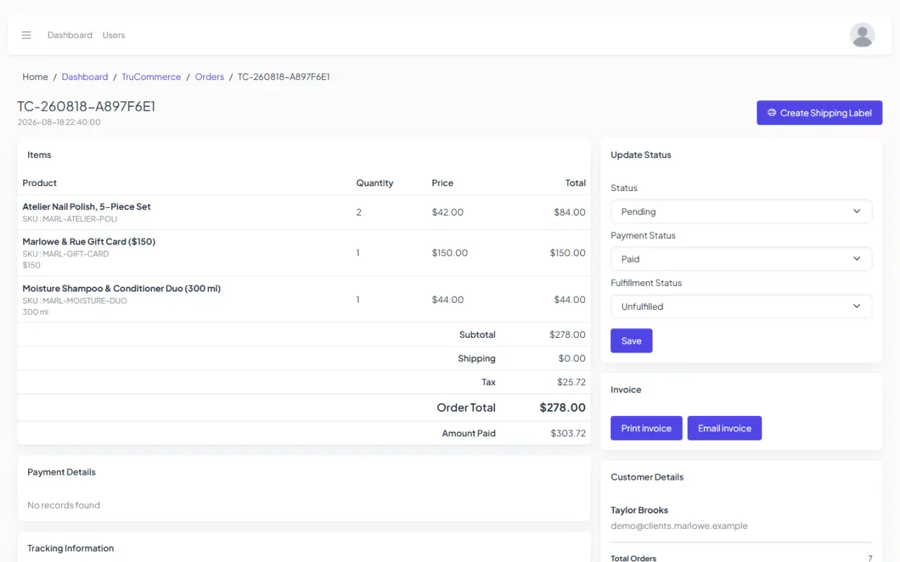 An order's details in the admin