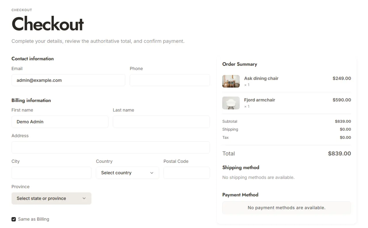A checkout with the payment methods